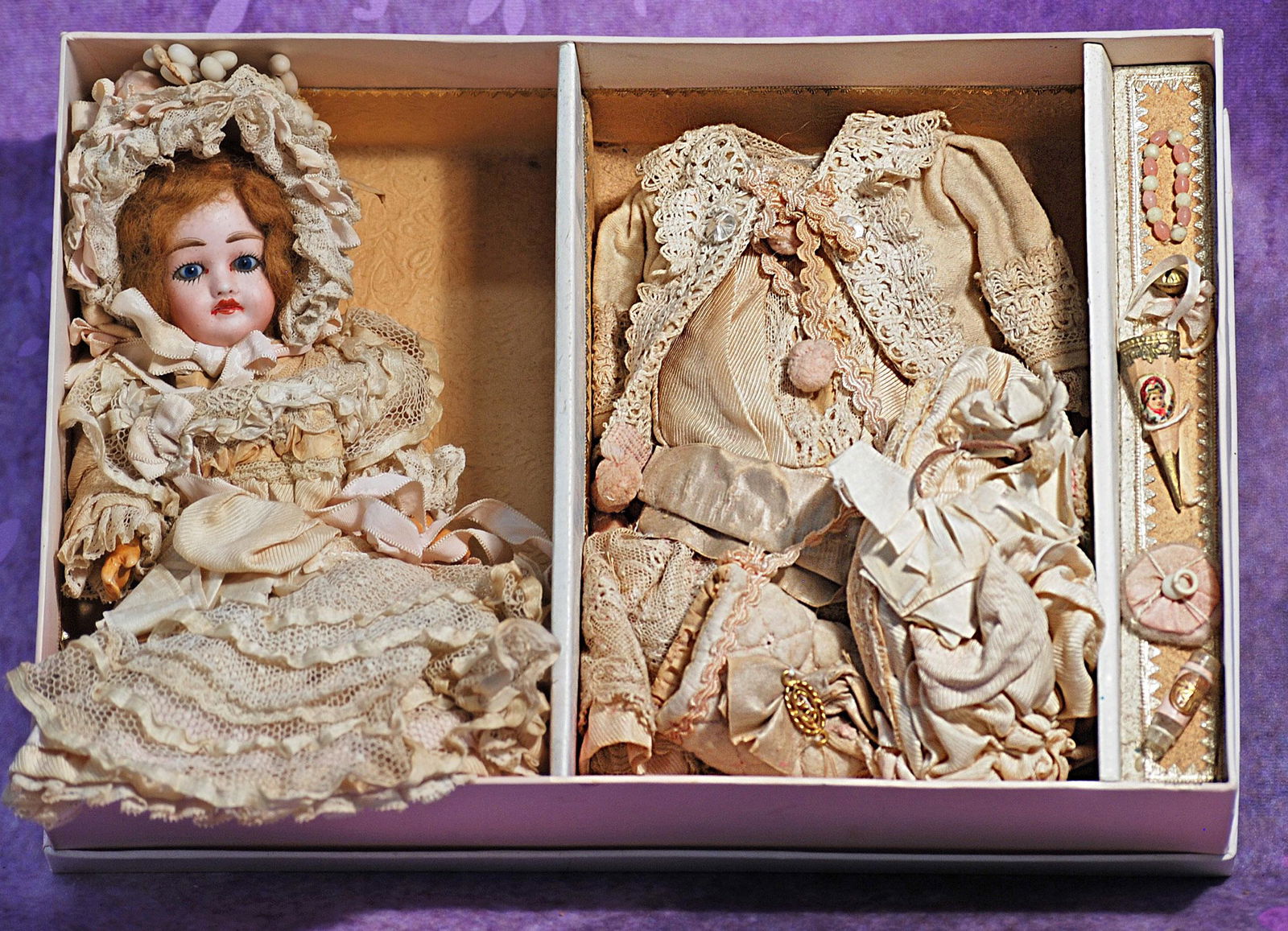 FRENCH BISQUE DOLL BY LANTERNIER IN PRESENTATION BOX.  Marks: C.C. Limoges France.  9” (doll), (1 of 2)
