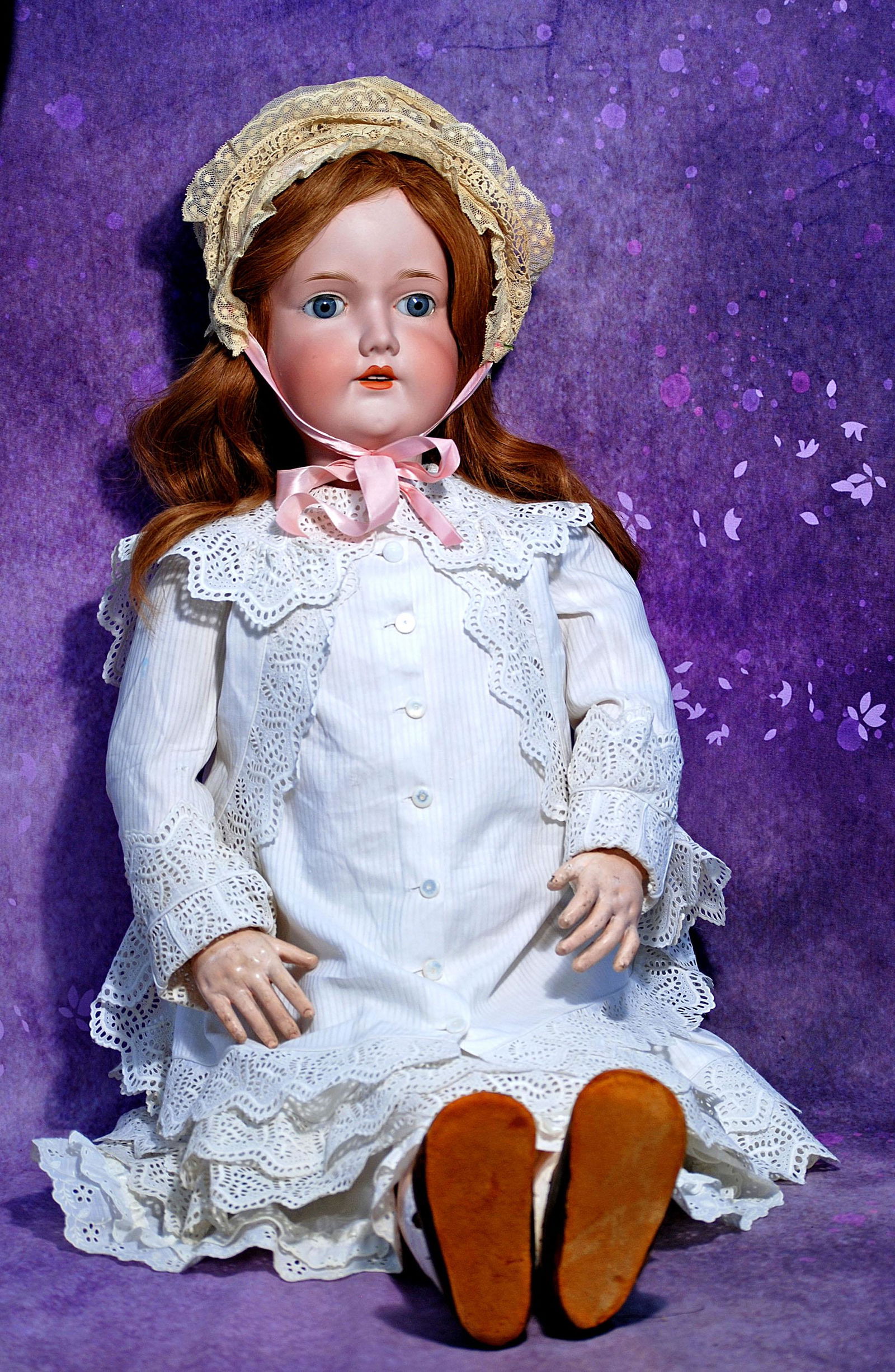 GRAND SIZE, 42-INCH, GERMAN BISQUE DOLL BY MARSEILLE. Marks: A 13 M. Bisque socket head, stationary: GRAND SIZE, 42-INCH, GERMAN BISQUE DOLL BY MARSEILLE. Marks: A 13 M. Bisque socket head, stationary blue glass eyes, painted and applied lashes, feathered brows, open mouth, accented lips, upper teeth