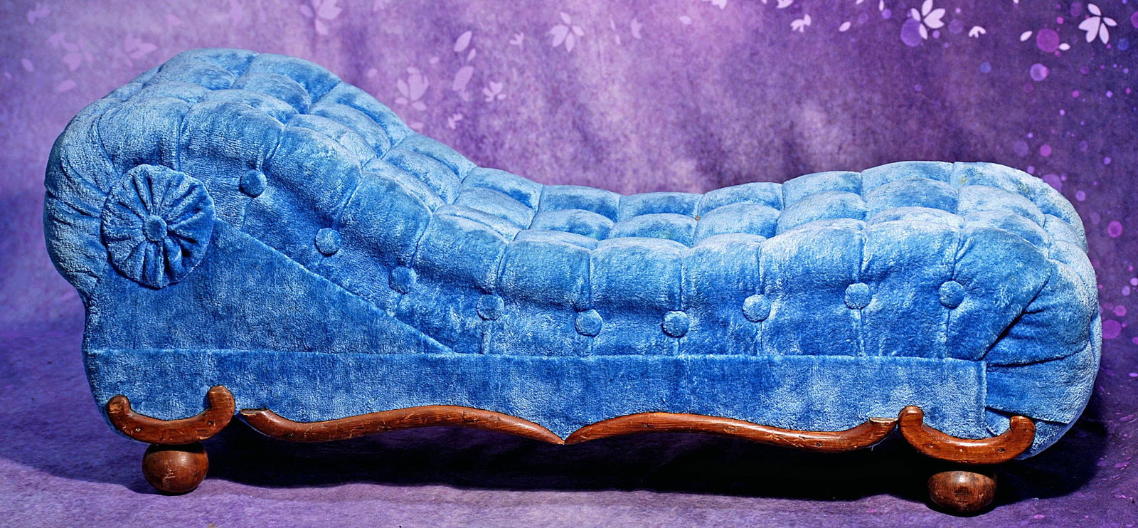DOLL SIZE VICTORIAN-ERA FAINTING COUCH.  29” x 11”.  Wooden framed fainting couch with (1 of 1)