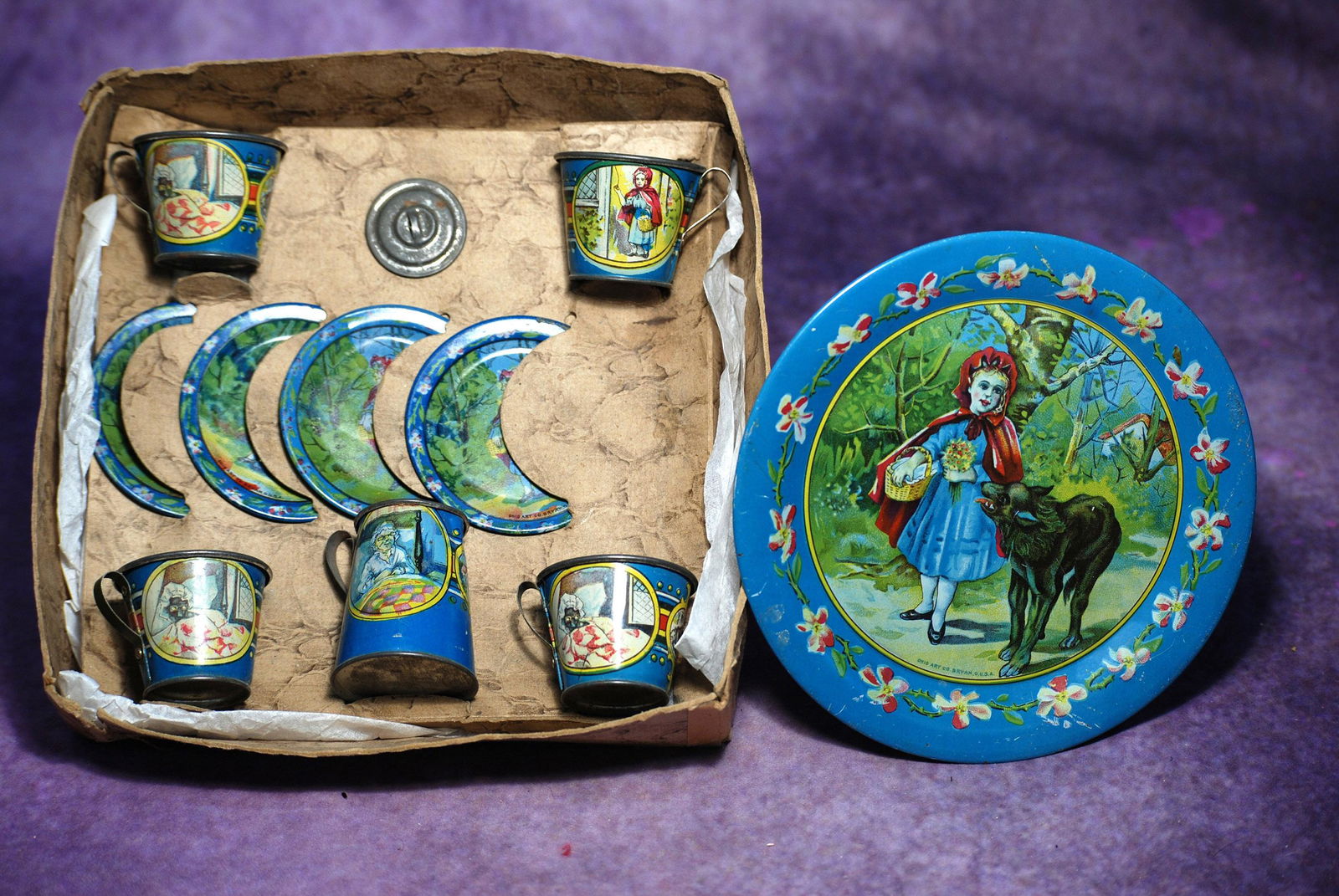 OHIO ART LITTLE RED RIDING HOOD TIN TEA SET.  Lithographed tin toy tea set in original box with (1 of 1)