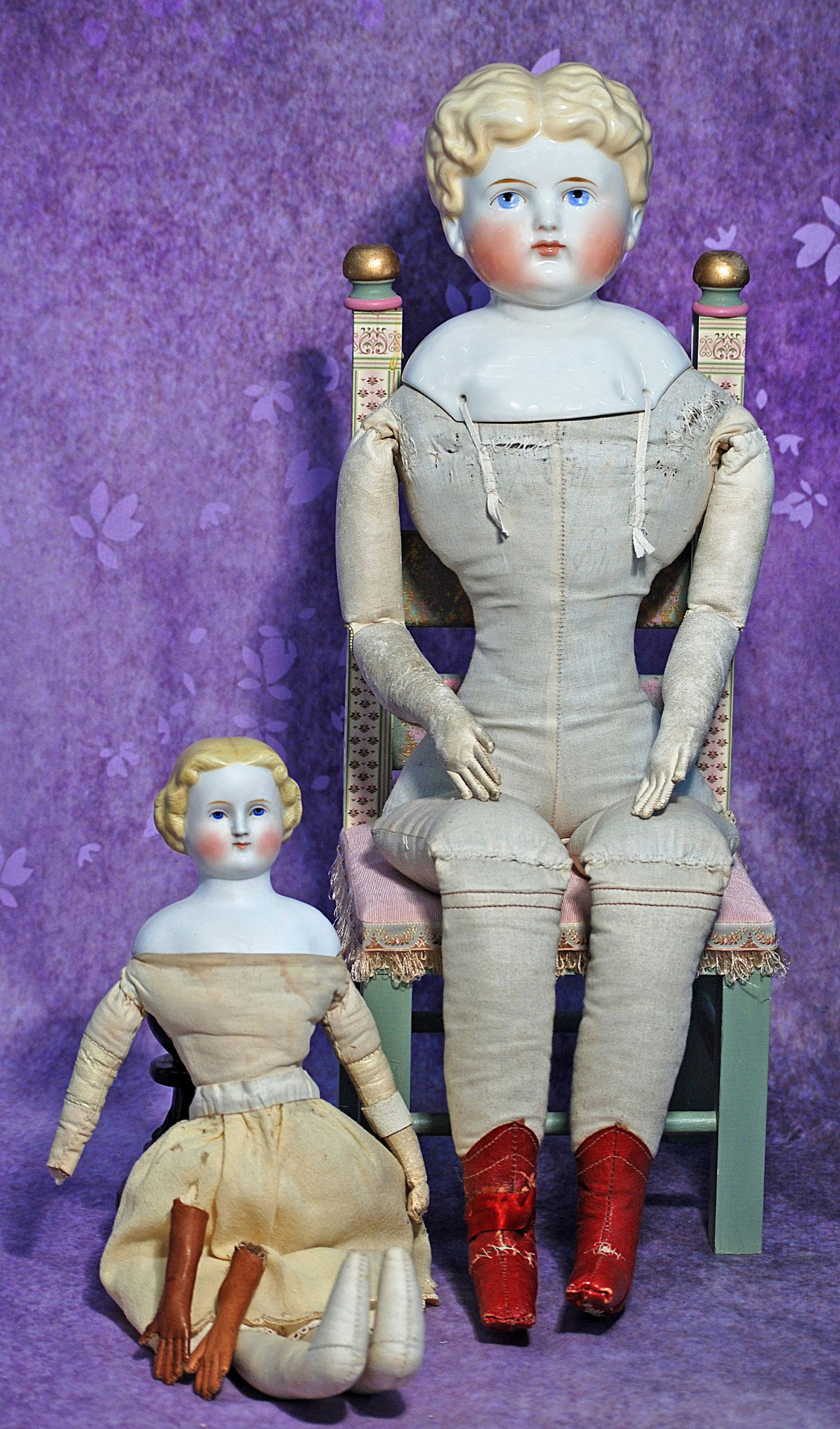 GERMAN CHINA DOLL AND PARIAN DOLL.  (1) 25” china with sculpted blonde hair, painted features, (1 of 1)