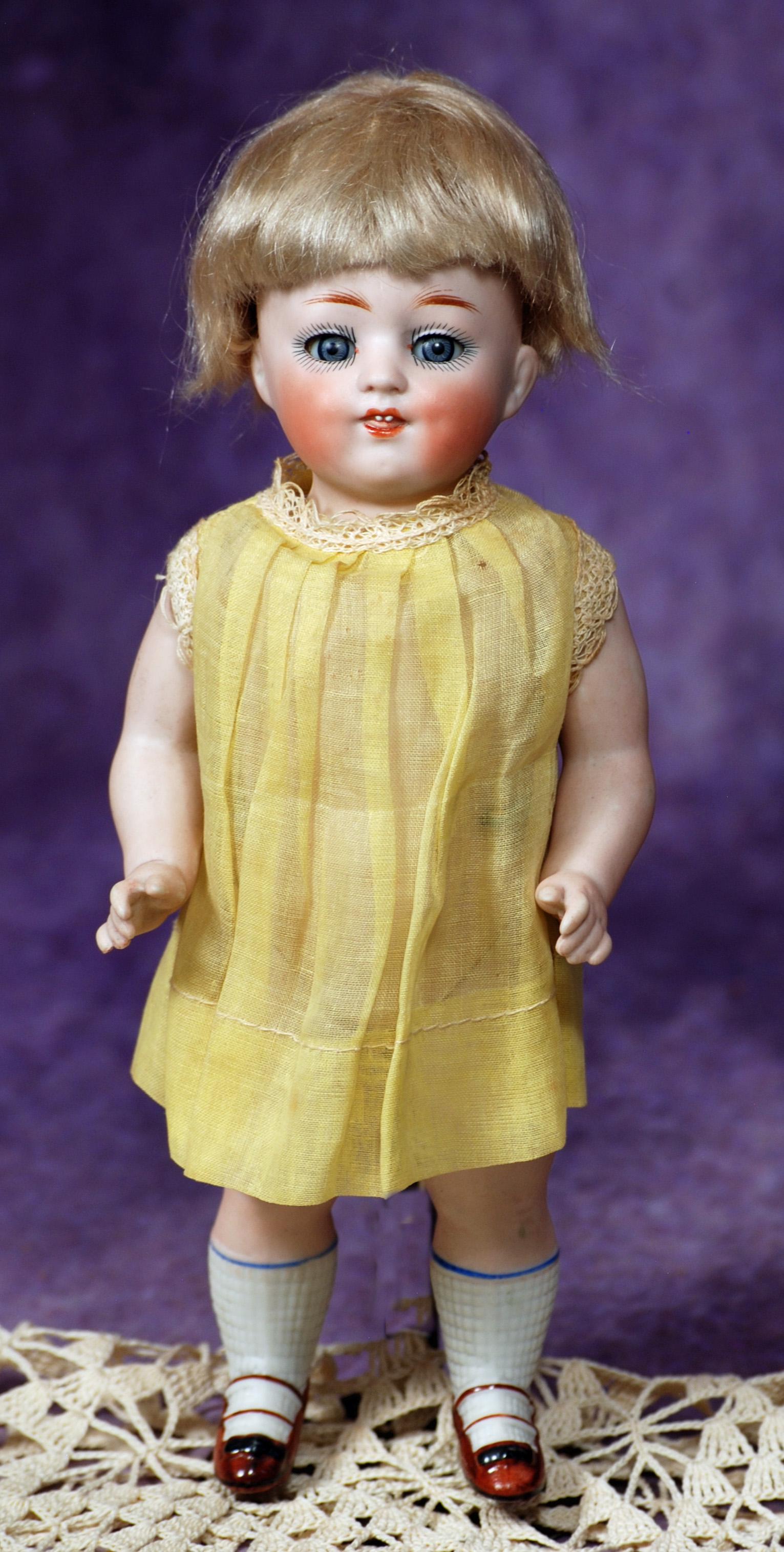 LARGE GERMAN ALL-BISQUE DOLL BY KESTNER. 10”. All-bisque, jointed shoulders and hips, blue: LARGE GERMAN ALL-BISQUE DOLL BY KESTNER. 10”. All-bisque, jointed shoulders and hips, blue sleep eyes, painted lashes, feathered brows, open/closed mouth with modeled tongue and tiny beaded teet