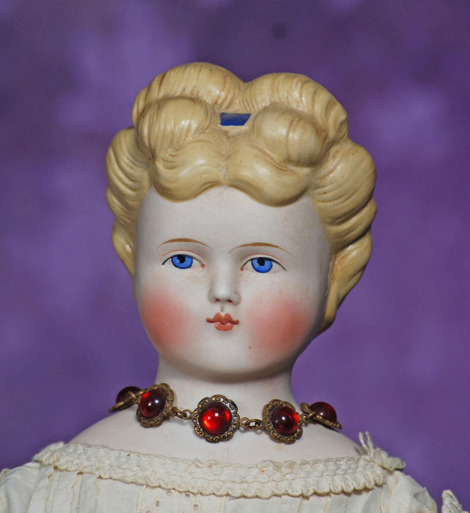 GERMAN BISQUE PARIAN LADY WITH PIERCED EARS.  18”.  Bisque shoulderhead with sculpted blonde (1 of 2)
