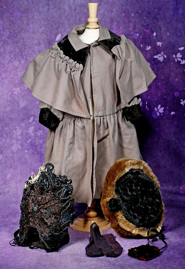 DOLL COAT & TWO HATS.  Gray wool coat dress with fur-trimmed collar, front closing, 6 ½” (1 of 1)