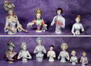ELEVEN GERMAN PORCELAIN HALF DOLLS. 3 ½” to 6”. Each is waist-up figure of lady