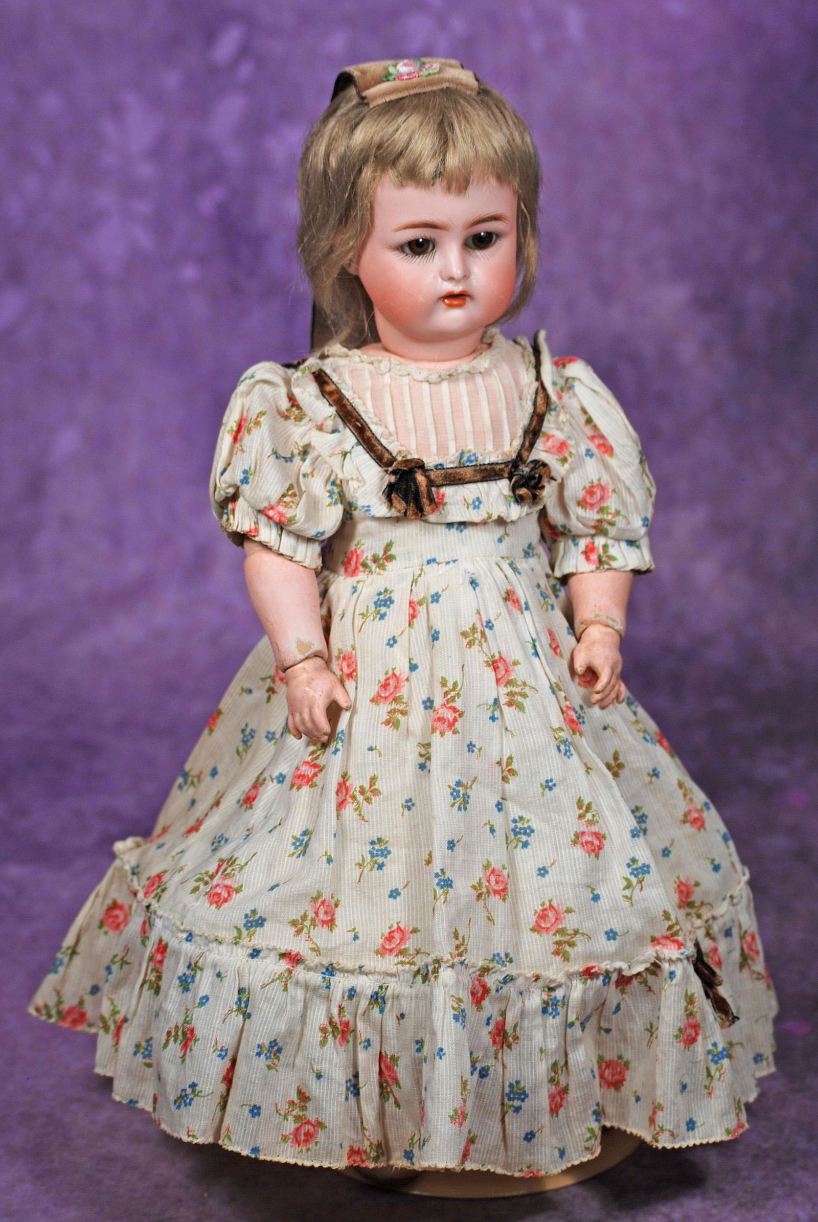 GERMAN BISQUE DOLL BY KAMMER & REINHARDT. 13”. Marks: Simon & Halbig, K * R. Bisque socket: GERMAN BISQUE DOLL BY KAMMER & REINHARDT. 13”. Marks: Simon & Halbig, K * R. Bisque socket head, brown sleep eyes, painted lashes, feathered brows, open mouth, accented lips, upper teeth, pierce
