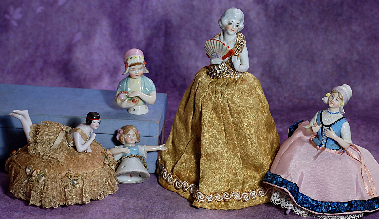 TWO GERMAN PORCELAIN HALF DOLL CHILDREN & THREE PINCUSHION HALF DOLLS. 3” and 3 ½” (1 of 1)