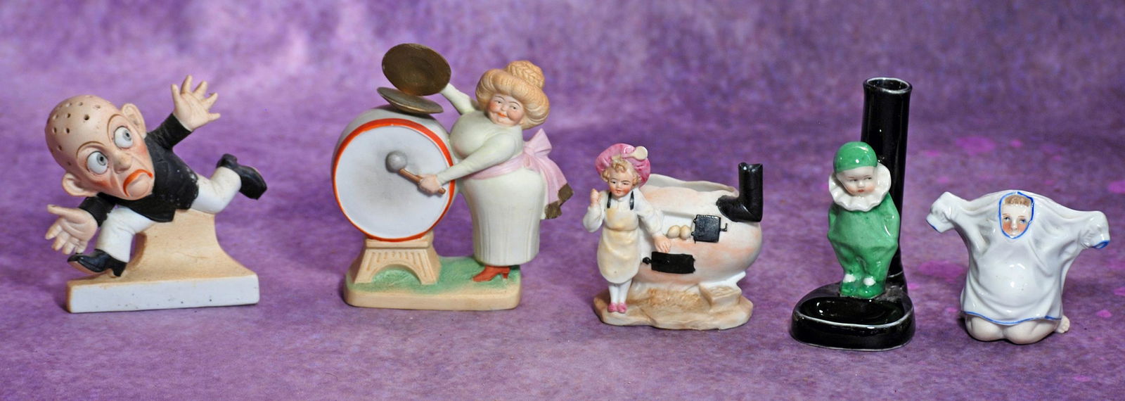 GROUP OF GERMAN BISQUE AND PORCELAIN NOVELTY FIGURES.  3” to 4 ½”.  Three bisque (1 of 1)