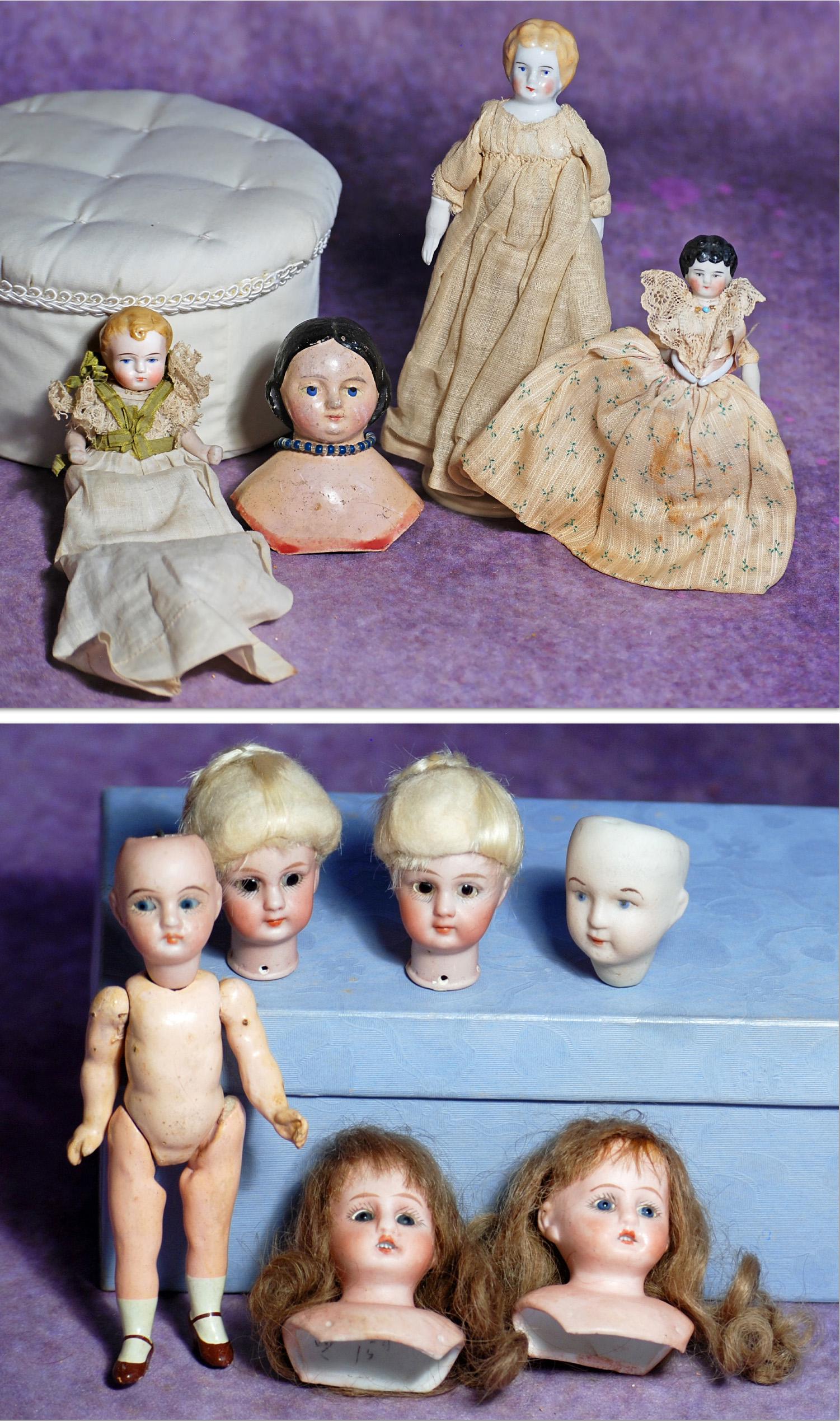 ASSORTED SMALL DOLLS AND DOLL HEADS. Includes: 3” Paper mache shoulderhead, 6” (1 of 3)