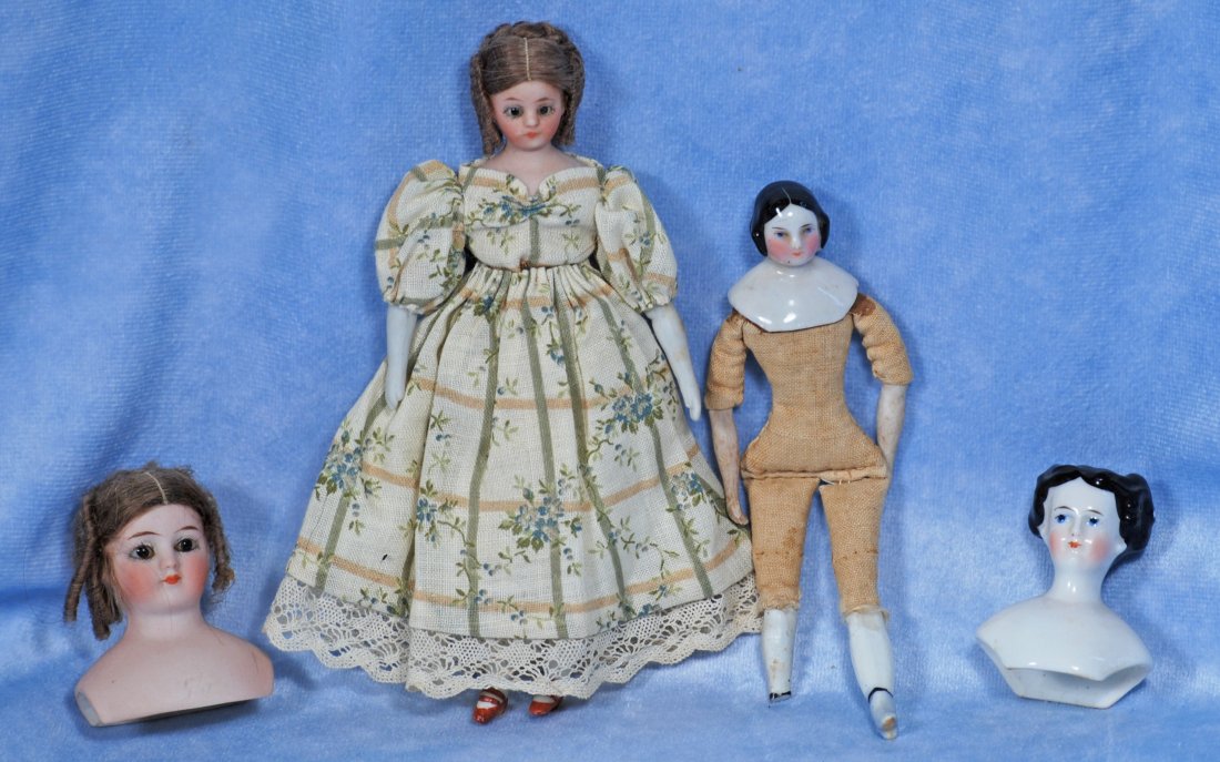 TWO MINIATURE DOLLS & TWO DOLL HEADS (1 of 1)