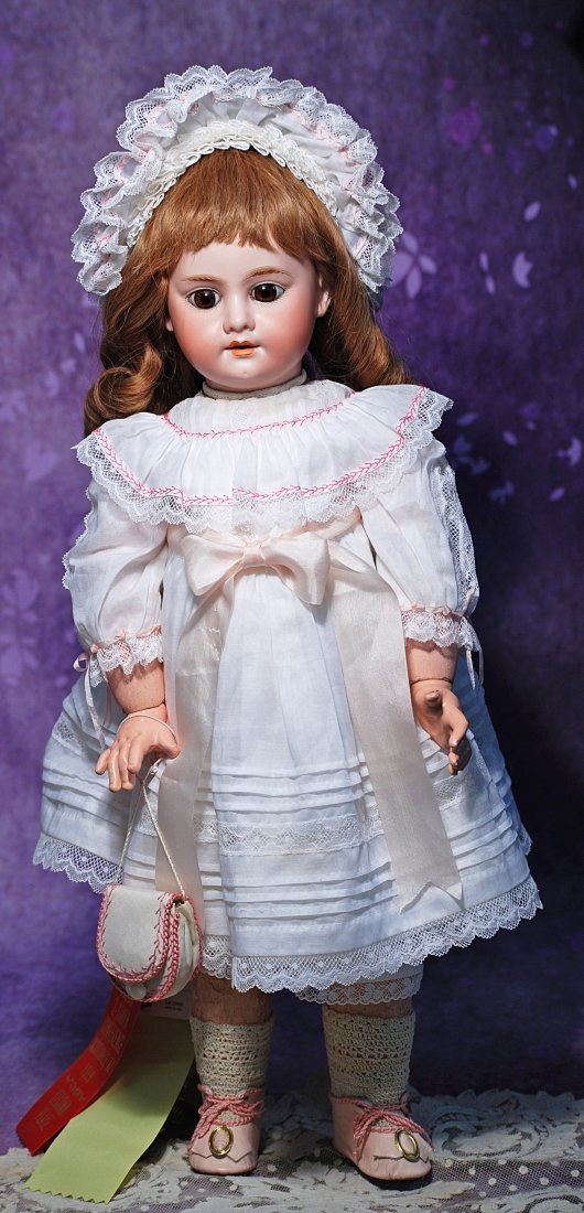GERMAN BISQUE DOLL BY MARSEILLE: GERMAN BISQUE DOLL BY MARSEILLE. 20”. Marks: A.M. 1894. Bisque socket head, brown sleep eyes, painted lashes, feathered brows, open mouth, accented lips, upper teeth, human hair wig, French wood