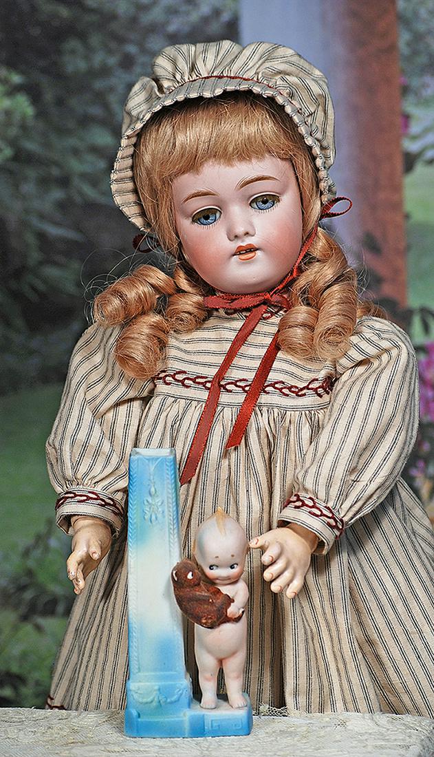 RARE GERMAN BISQUE KEWPIE WITH TEDDY BEAR. 5”.  Marks: c. (in circle).  All-bisque standing (1 of 2)