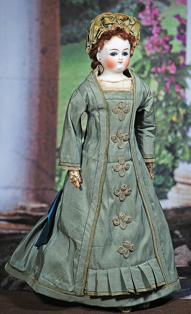 FRENCH BISQUE POUPEE IN ORIGINAL COSTUME.  14 ½”.  Solid dome bisque shoulderhead, inset (1 of 3)