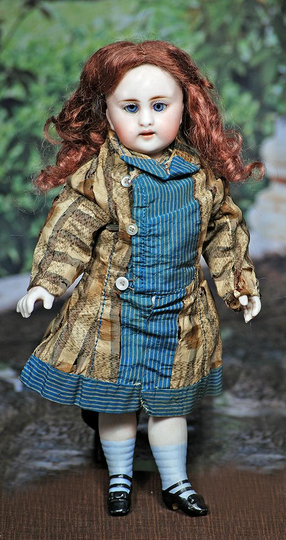 GERMAN ALL-BISQUE DOLL BY SIMON & HALBIG. 9”. Marks: S 4 H. Bisque swivel head, five-piece: GERMAN ALL-BISQUE DOLL BY SIMON & HALBIG. 9”. Marks: S 4 H. Bisque swivel head, five-piece jointed bisque body, blue sleep eyes, painted lashes, feathered brows, open mouth, shaded lips, one low