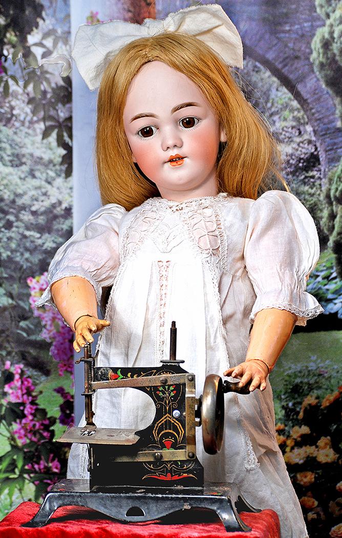 GERMAN BISQUE “SANTA” CHILD BY SIMON & HALBIG. 27”. Marks: S & H 1249 Dep: GERMAN BISQUE “SANTA” CHILD BY SIMON & HALBIG. 27”. Marks: S & H 1249 Dep Germany Santa 13. Bisque socket head, brown sleep eyes, painted lashes, feathered brows, open mouth, accente