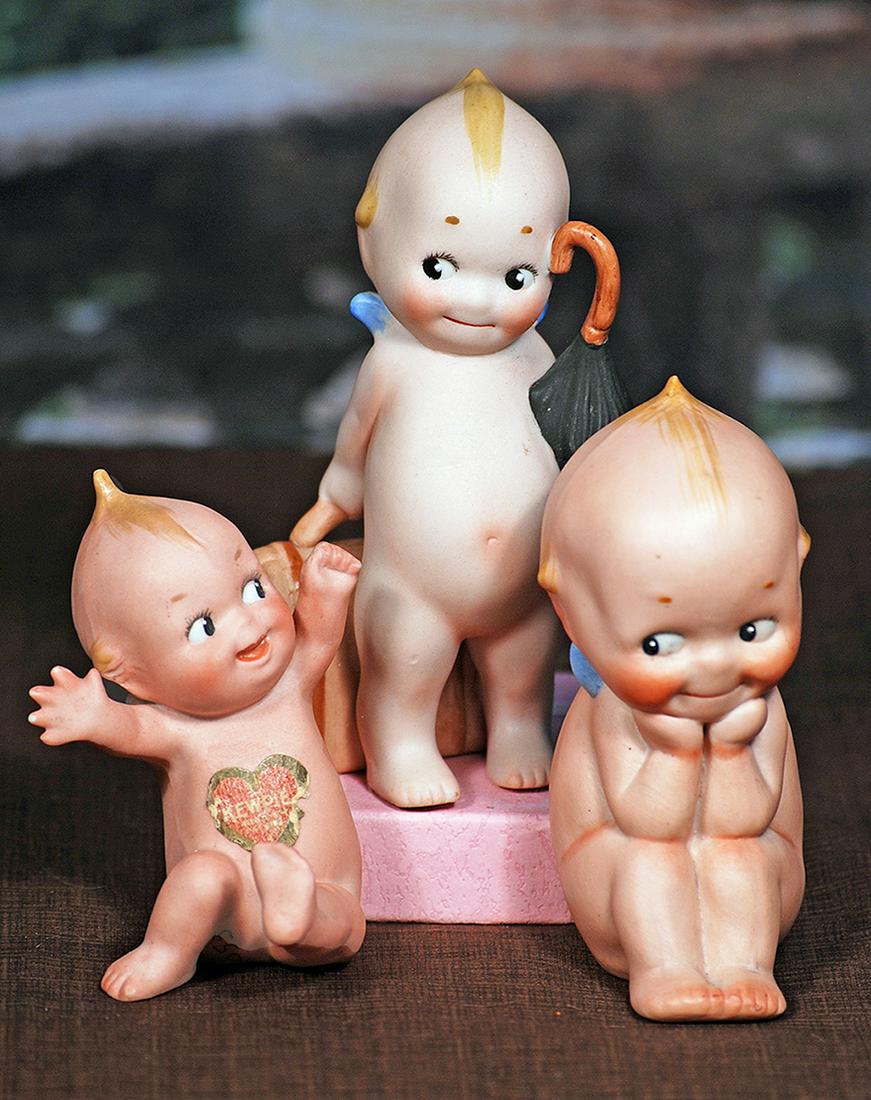 THREE GERMAN BISQUE KEWPIES.  Each is all-bisque figure with painted classic Kewpie features, blonde (1 of 1)