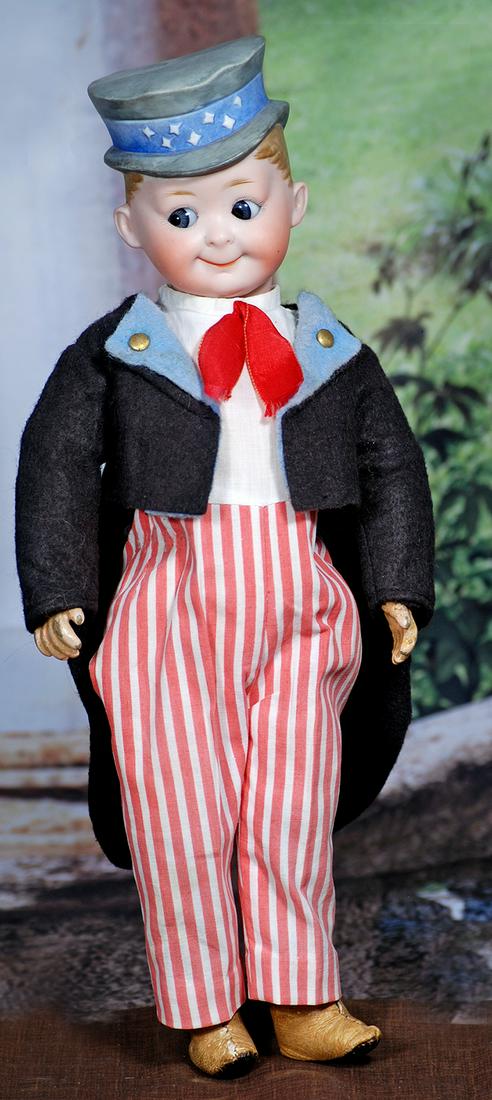 GERMAN BISQUE “UNCLE SAM” HELMET GOOGLY BY MAX HAND-WERCK.  12 ½”.  Marks: (1 of 2)