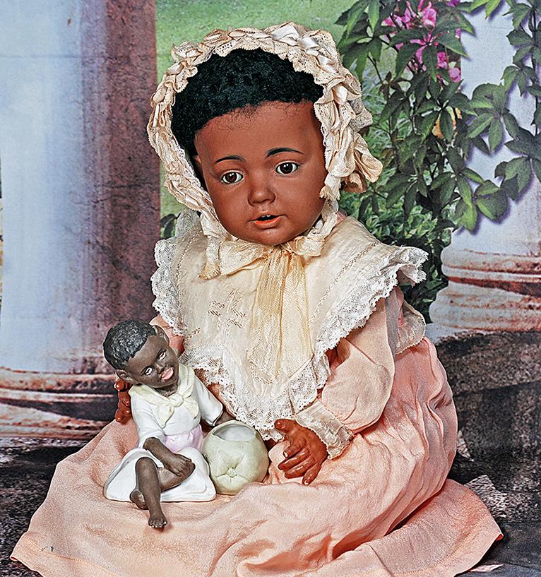 GERMAN BROWN BISQUE CHILD WITH CANDY CONTAINER.  5” x 4 ½”.  Marks: None. One-piece (1 of 2)