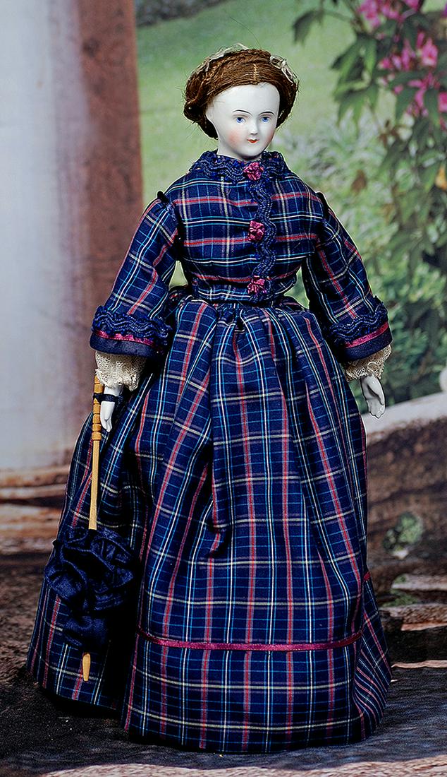 PETITE BEIDERMEIER CHINA LADY.  14”.  Porcelain shoulderhead with painted black pate, painted (1 of 2)