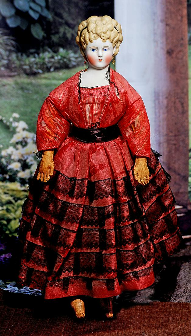 GERMAN BISQUE LADY WITH SCULPTED HAIR AND HAIR RIBBON.  15 ½”.  Bisque shoulderhead with (1 of 1)