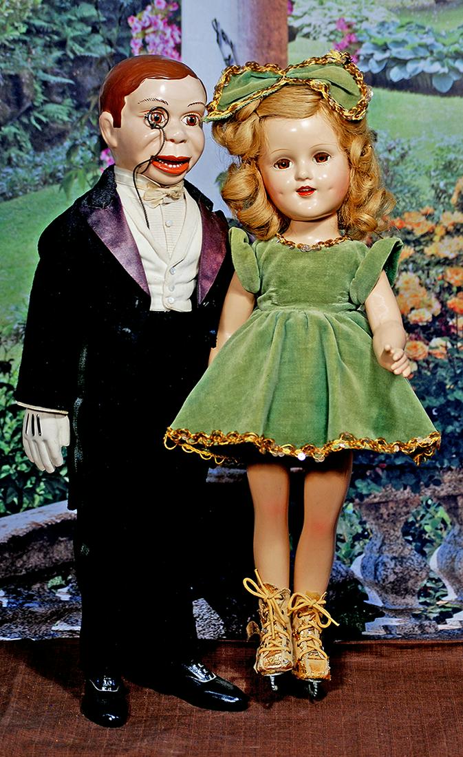 COMPOSITION CHARLIE MC CARTHY BY EFFANBEE. 19”. Composition shoulder head with sculpted brown: COMPOSITION CHARLIE MC CARTHY BY EFFANBEE. 19”. Composition shoulder head with sculpted brown hair with sideburns, painted facial features, brown eyes with brown eyelashes, fringed brows, red ey