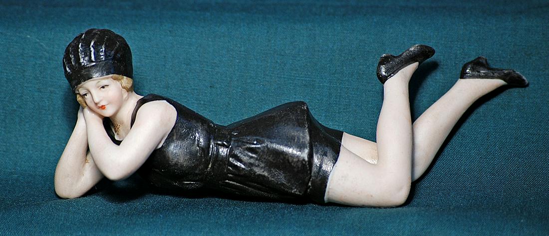 GERMAN BISQUE BATHING BEAUTY.  5”.  Marks: Germany 6726.  All-bisque lady posed tilted to the (1 of 1)