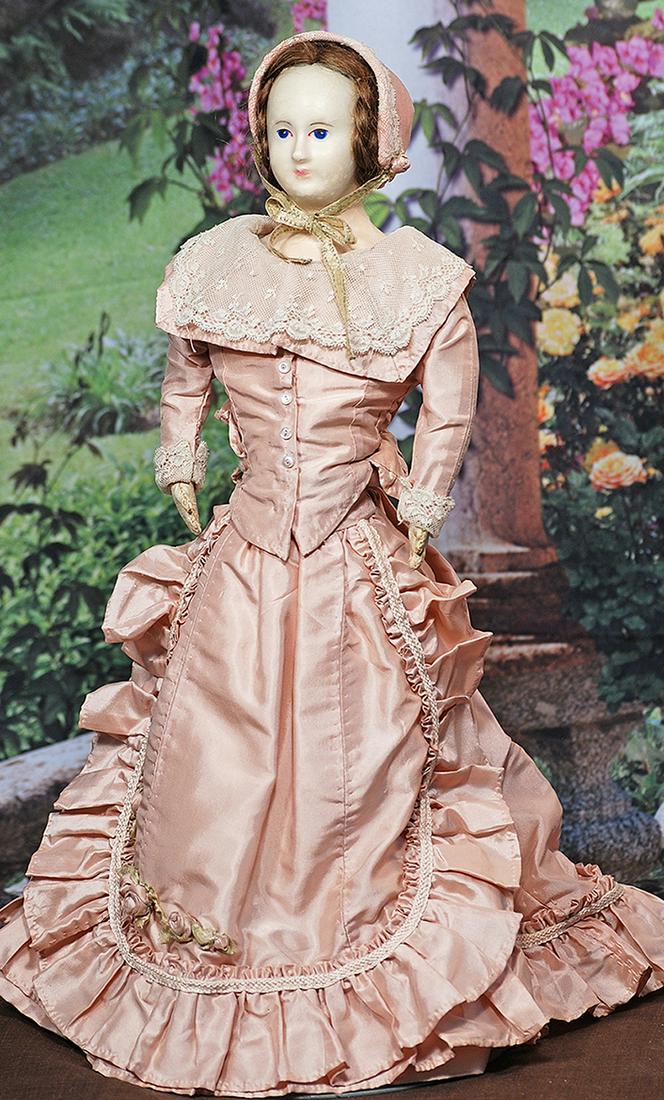 ENGLISH SLIT-HEAD WAX FASHION LADY.  19”.  Wax-over-paper mache shoulderhead with brown human (1 of 2)