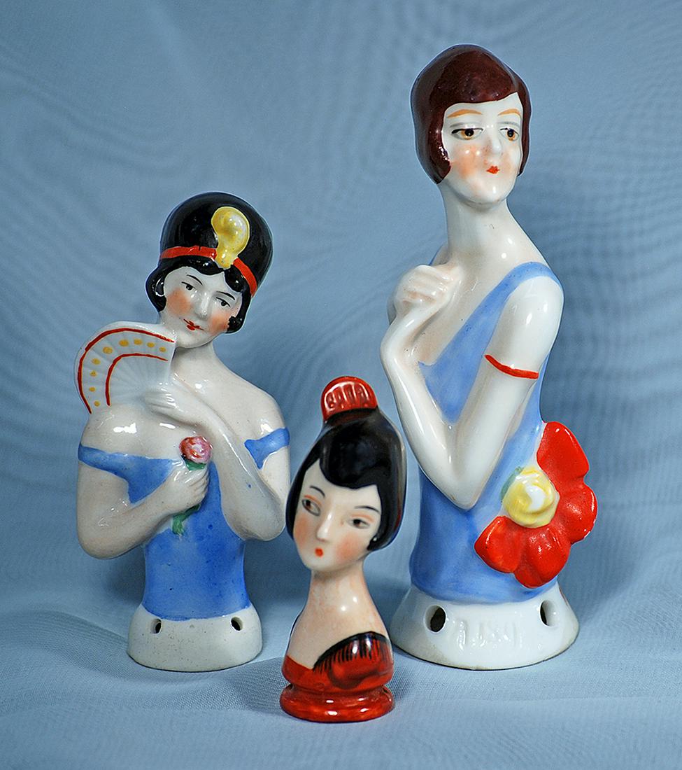 GERMAN PORCELAIN FLAPPER ERA HALF DOLLS.  Each is figure of lady with sculpted short black or brown (1 of 1)