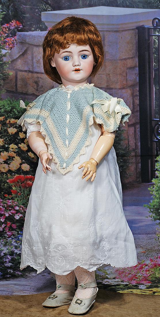 GERMAN BISQUE CHILD, 1249 SANTA, BY SIMON AND HALBIG. 23”. Marks: S & H 1249 dep. Bisque: GERMAN BISQUE CHILD, 1249 SANTA, BY SIMON AND HALBIG. 23”. Marks: S & H 1249 dep. Bisque socket head, blue sleep eyes, eyeliner, painted lashes, feathered brows, pierced ears, open mouth, accent