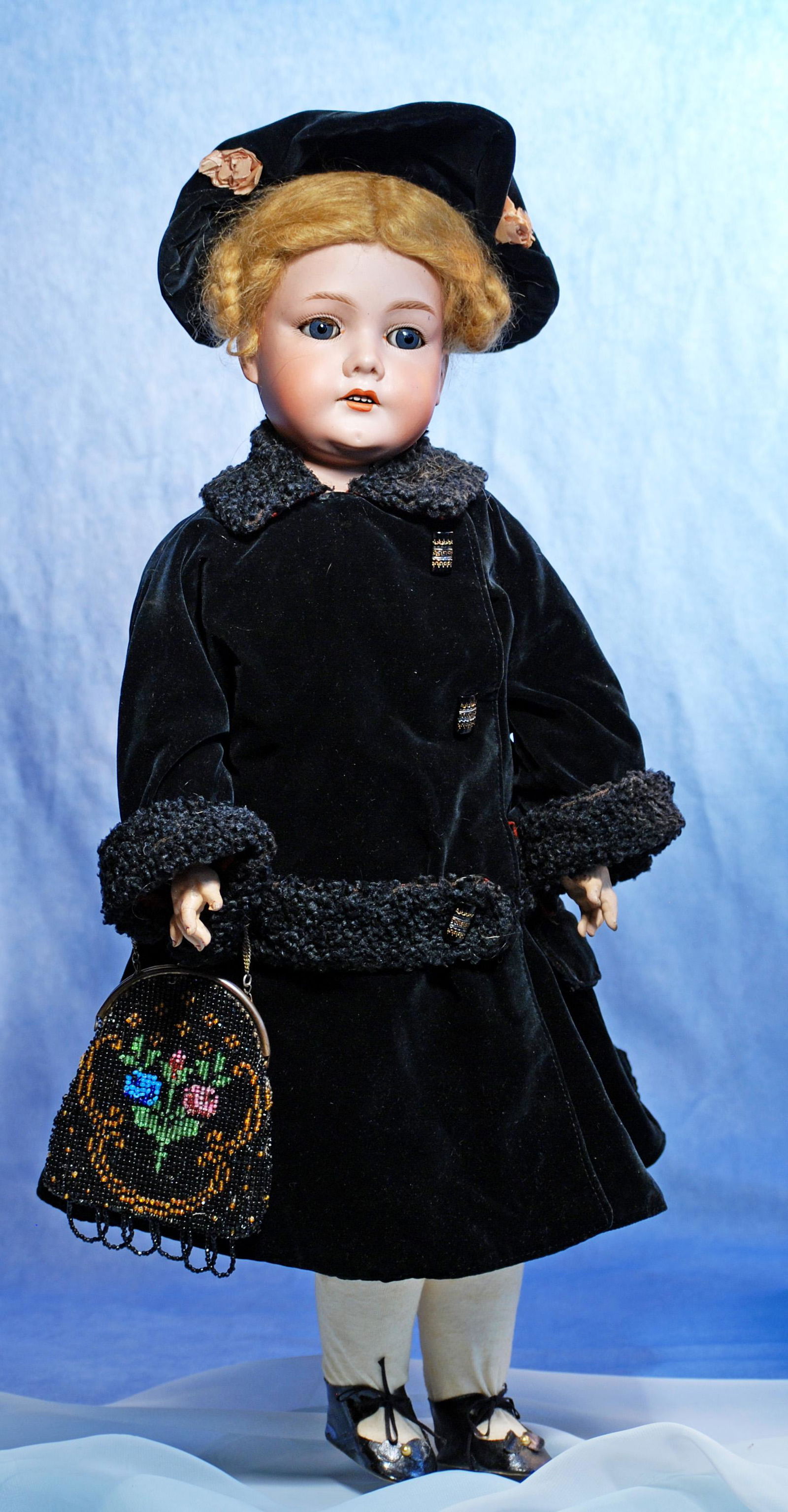 GERMAN BISQUE CHILD BY C. M. BERGMANN. 23”. Marks: C. M. Bergmann Walterhausen 1916 7a.: GERMAN BISQUE CHILD BY C. M. BERGMANN. 23”. Marks: C. M. Bergmann Walterhausen 1916 7a. Bisque socket head, blue sleep eyes, painted and applied lashes, molded and feathered brows, pierced ears,