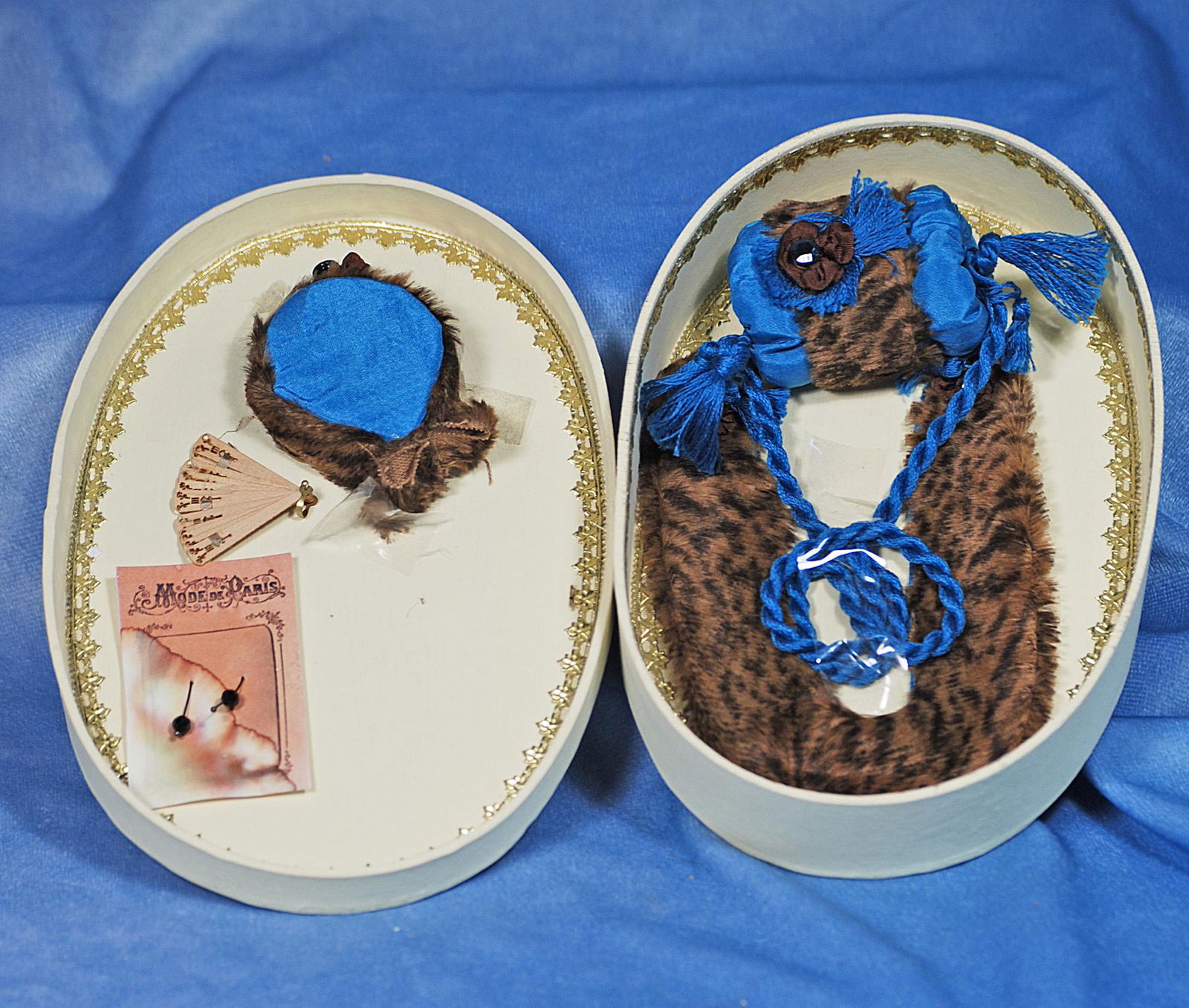 ACCESSORIES FOR POUPEE.  Includes brown fur stole, blue silk fur-trimmed bonnet and muff, earrings (1 of 2)