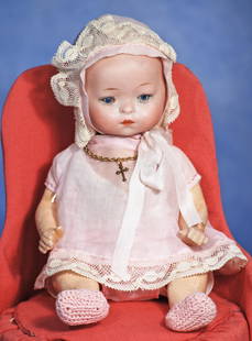 SMALL GERMAN BISQUE CHARACTER BABY BY MYSTERY MAKER. 8”. Marks: Germany K B 7 ½.: SMALL GERMAN BISQUE CHARACTER BABY BY MYSTERY MAKER. 8”. Marks: Germany K B 7 ½. Bisque solid-domed socket head, short rounded face with painted blonde hair, stationary blue glass eyes, pai