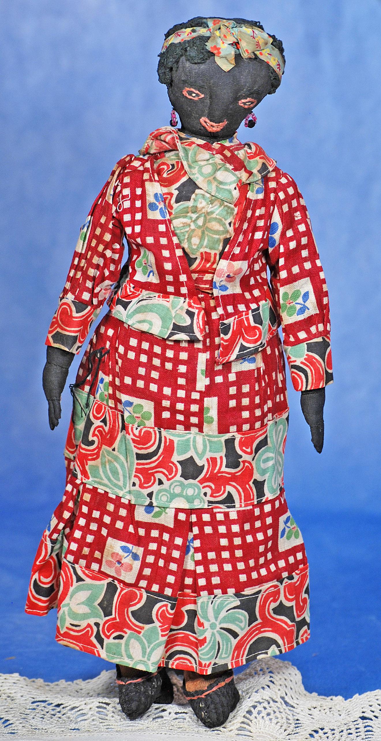 AMERICAN BLACK CLOTH, HANDCRAFTED FOLK DOLL. 13 ½”.   Black cotton sateen doll, (1 of 1)