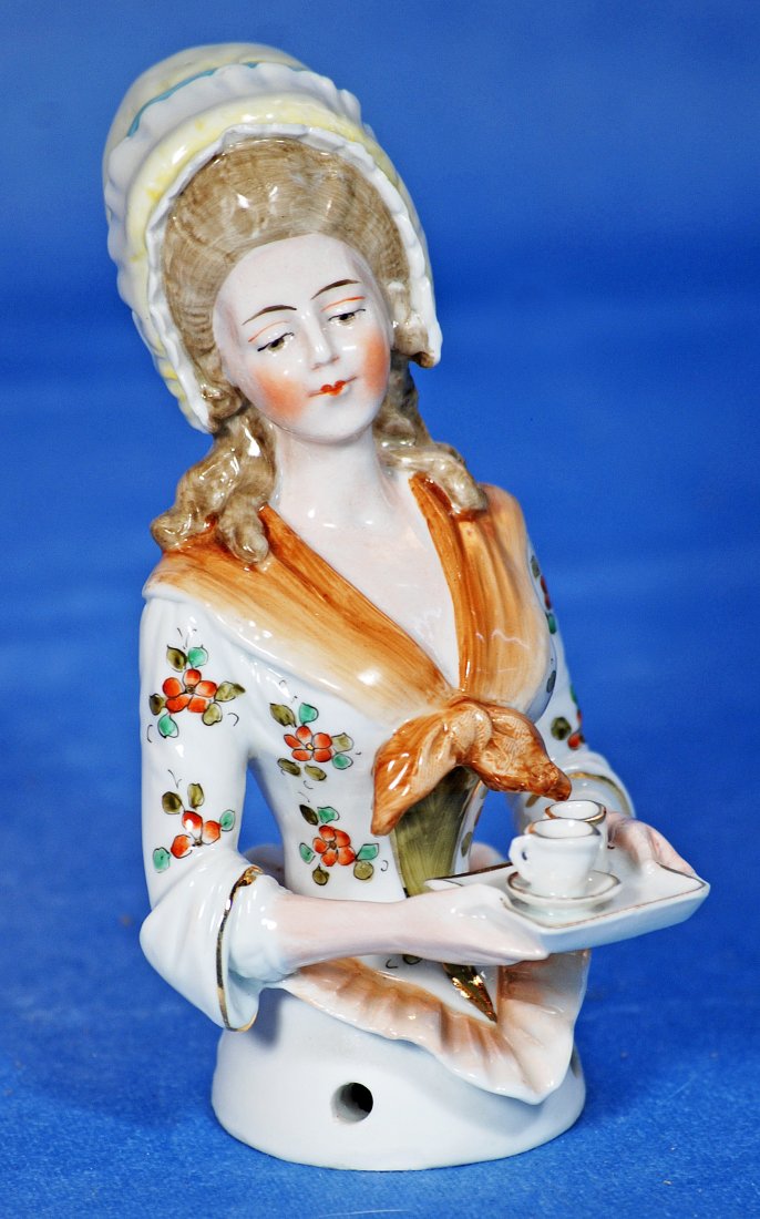 GERMAN PORCELAIN HALF DOLL LADY SERVING COCOA (1 of 1)