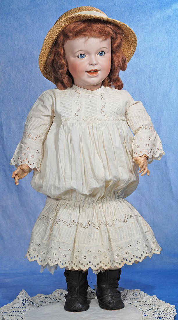 LARGE FRENCH BISQUE LAUGHING JUMEAU CHARACTER BY S.F.B.J: LARGE FRENCH BISQUE LAUGHING JUMEAU CHARACTER BY S.F.B.J. 29”. Marks: SFBJ 236 Pairs 12. Bisque socket head, blue sleep eyes, painted lower lashes, feathered brows, open/closed mouth with accent