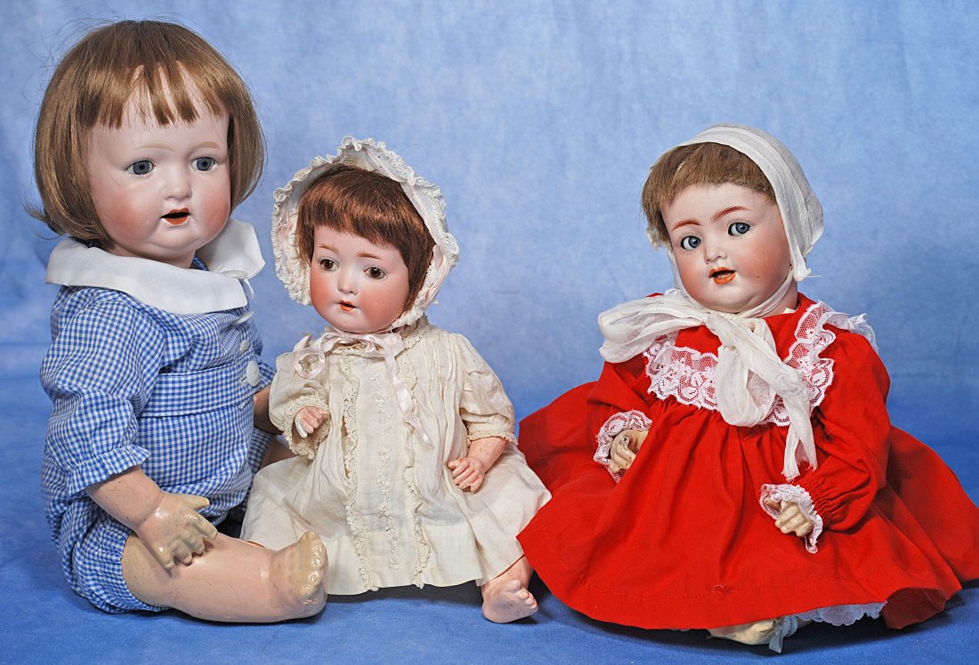 THREE BISQUE CHARACTER BABIES.: THREE BISQUE CHARACTER BABIES. Each has bisque socket head, sleep eyes, painted lashes, feathered brows, open mouth, upper teeth, composition baby body. 14” doll marked K * R 126 has flirty eyes