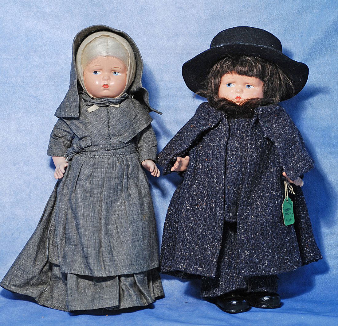 EFFANBEE COMPOSITION, ALL-ORIGINAL, PENNSYLVANIA DUTCH COUPLE: EFFANBEE COMPOSITION, ALL-ORIGINAL, PENNSYLVANIA DUTCH COUPLE. 11 ½”. Each is composition shoulderhead with painted features, side-glancing eyes, plump cheeks, closed mouth, original wig,