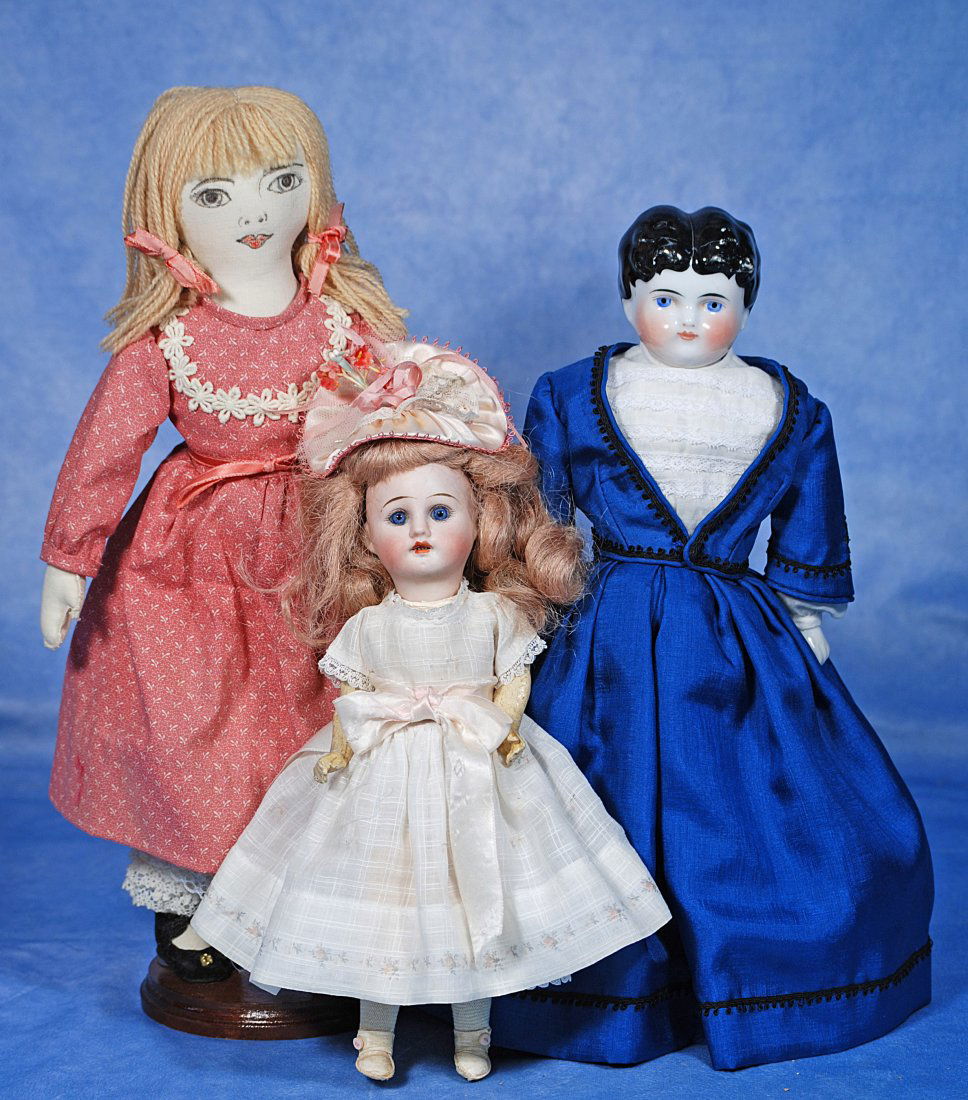 CHINA DOLL, PETITE BISQUE HEAD DOLL & CLOTH DOLL. (1 of 1)
