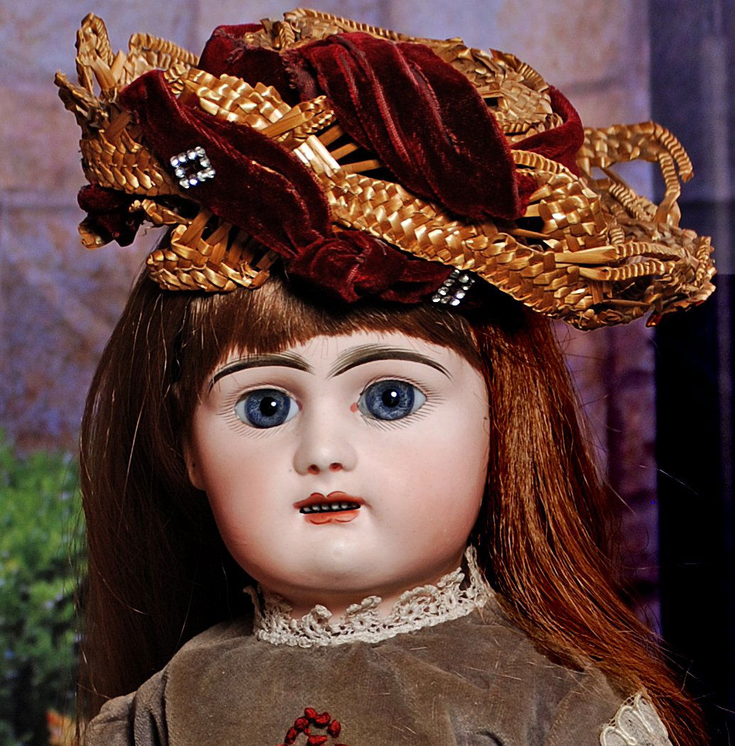 FRENCH BISQUE BEBE BY RABERY AND DELPHIEU.: FRENCH BISQUE BEBE BY RABERY AND DELPHIEU. 18 ½”. Marks: R 1 D. Bisque socket head, deep blue glass paperweight eyes, dark eyeliner, painted lashes, rose-blushed eye shadow, brushstroked