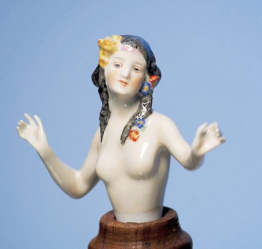 GRACEFUL GERMAN HALF DOLL BY AELTESTE VOLKSTEDTER.: GRACEFUL GERMAN HALF DOLL BY AELTESTE VOLKSTEDTER. Marks: Crown over N blue trademark symbol. 3 ¾”. Nude half figure with arms gracefully extended and head tilted back and to the side, stippled gra