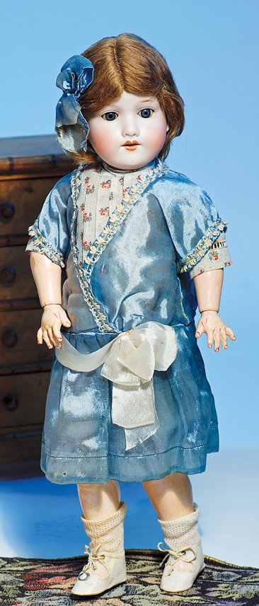 ALL-ORIGINAL GERMAN BISQUE DOLL BY MARSEILLE. Mar: ALL-ORIGINAL GERMAN BISQUE DOLL BY MARSEILLE. Marks: Armand Marseille, A. 390 M. 18”. Bisque socket head, blue sleep eyes, painted lashes, feathered brows, open mouth, accented lips, upper teeth, br