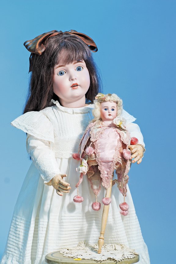 GERMAN BISQUE DOLL BY KESTNER. Marks: Made in Ger: GERMAN BISQUE DOLL BY KESTNER. Marks: Made in Germany 16/171. 30”. Bisque socket head, blue sleep eyes, painted lower lashes, molded and feathered brows, open mouth, shaded and accented lips, upper 