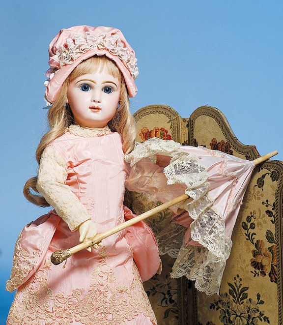 PRETTY BLUE-EYED FRENCH BISQUE BEBE BY JUMEAU. Ma: PRETTY BLUE-EYED FRENCH BISQUE BEBE BY JUMEAU. Marks: Depose Tete Jumeau Bte SGDG 9. 20”. Bisque socket head, blue paperweight eyes, painted lashes and eyeliner, feathered and brushstroked brows, pi