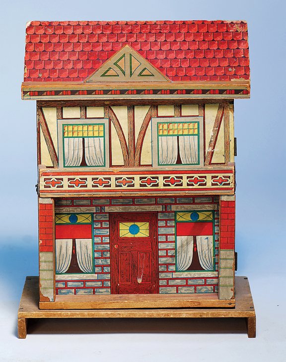 LITHOGRAPHED WOODEN DOLL HOUSE BY BLISS. Unmarked: LITHOGRAPHED WOODEN DOLL HOUSE BY BLISS. Unmarked though pictured on page 10 of Bliss Toys & Dollhouses book. 12 ¾” H. x 9 ½” W. x 6” D. Two-story, lithographed-paper wooden doll house with re