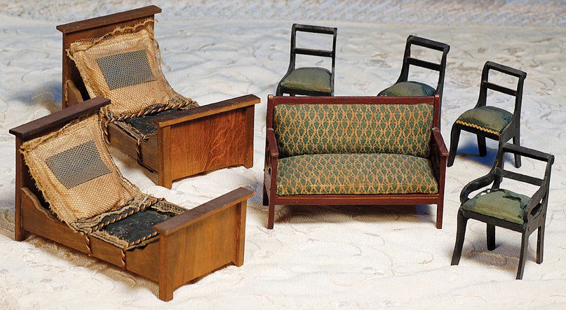 ANTIQUE DOLLHOUSE FURNISHINGS. Includes: Pair of: ANTIQUE DOLLHOUSE FURNISHINGS. Includes: Pair of 6” L. dark walnut twin beds with high headboards, original navy blue silk coverlets and net-covered pillows; 5 ¼” x 3 ¾” Gottschalck rosewood p