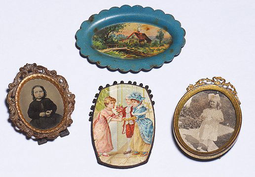 MINIATURE ANTIQUE DOLL HOUSE-SIZED PICTURES. 2 ½”: MINIATURE ANTIQUE DOLL HOUSE-SIZED PICTURES. 2 ½” to 2 ¾”. Includes to children pictures in gilt frames with easel back, a lithographed scene with metal bead edges and maroon paper backing, oval
