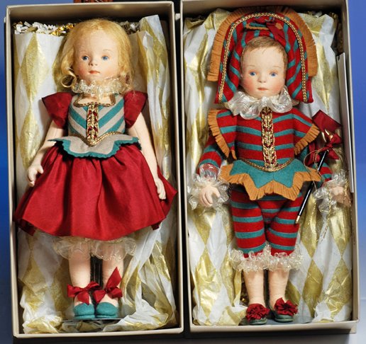 R. JOHN WRIGHT MUSETTE & MONTAGUE” CANDY CONTAINE: R. JOHN WRIGHT MUSETTE & MONTAGUE” CANDY CONTAINER EXCLUSIVES. 12". Each all-felt, fully-jointed, painted features, blue eyes, closed mouth, blonde mohair wig, felt and silk costume, felt shoes with