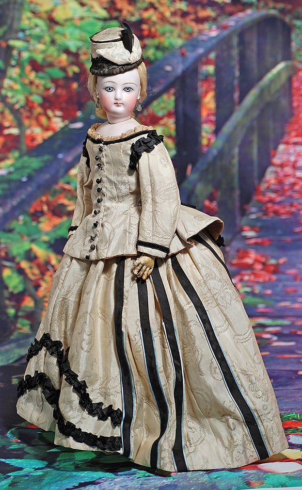 FRENCH BISQUE POUPEE BY GAULTHIER.  14”.  Marks:  1(head), FG (shoulderplate).  Bisque swivel (1 of 2)