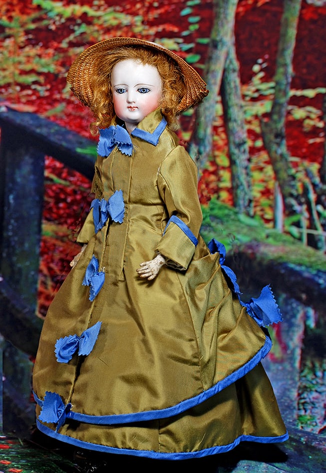 BEAUTIFUL FRENCH BISQUE POUPEE.  Marks:  1. 16”.  Bisque swivel head on bisque shoulderplate, (1 of 2)