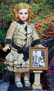 RARE AND BEAUTIFUL FRENCH BISQUE BEBE “X” MODEL BY JUMEAU - ORIGINAL FAMILY OWNED DOLL.: RARE AND BEAUTIFUL FRENCH BISQUE BEBE “X” MODEL BY JUMEAU - ORIGINAL FAMILY OWNED DOLL. 25”. Marks: 12X. Pencil signature on front of torso: (C.L. Sanquist). Bisque socket head, gorg